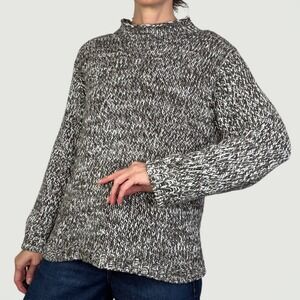 Talbots Mock Funnel Roll Neck Marled Knit Sweater Olive Black White 100% Cotton